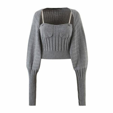 1 set Striped Line Rib Knitting Shawl Sweater Cropped Women Cardigan - zoter Shop