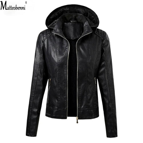2021 New Women Hooded PU Leather Jackets Coffee Black Winter Warm Outerwear Motorcycle Coats Fashion Faux Leather Jacket Hoodies - zoter Shop