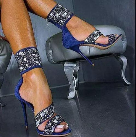 2017 European sexy blue suede high heel diamond ladies sandals nightclub shallow mouth open toe cover heel woman sandals - zoter Shop