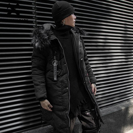 11 BYBB'S DARK Label Winter Coats Men Harajuku Zipper Mid-Length Jacket Fur Collar Hooded Thick Parkas Jacket Loose Outwear Tops - zoter Shop