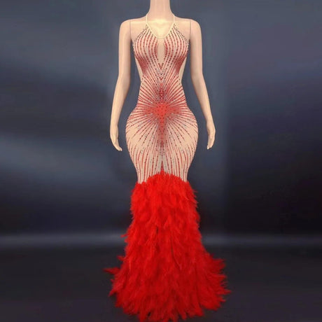 8 Color Shining Diamonds Gorgeous Feathers Sexy Backless Halter Mermaid Floor Length Evening Dress Singer Stage Show Vestido - zoter Shop